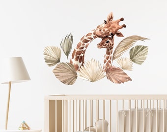 Wandtattoo Giraffe Familie Boho, Kleinkind Aquarell Zimmer Deko, Mama Giraffe mit Boho Blätter Wandsticker,  Beige Giraffe Wandsticker