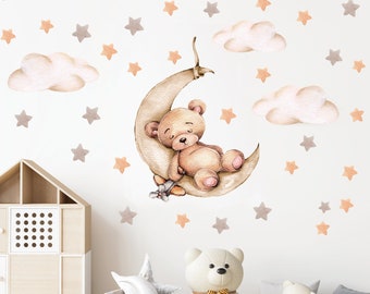 Wandsticker Teddy Bär mit Mond für Kinderzimmer, Aquarell beige Bär, Boho Retro Bär mit Wolken und Sterne für baby