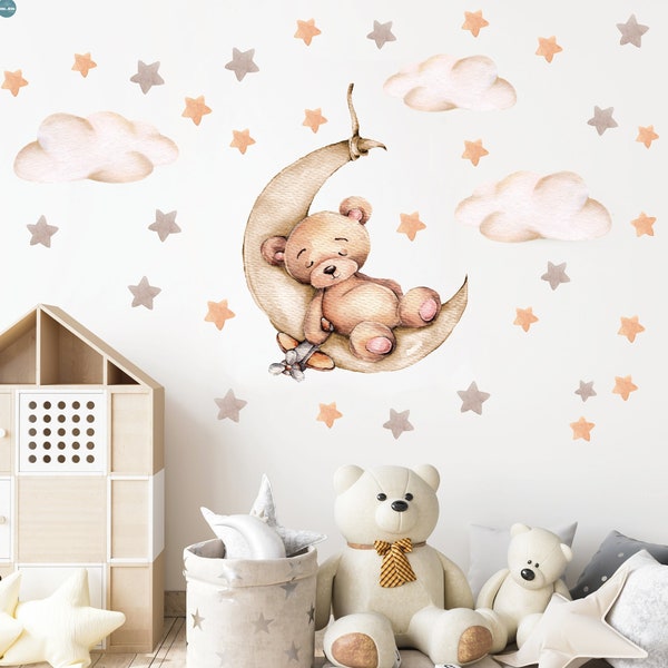 Wall sticker teddy bear with moon for children's room, watercolor beige bear, boho retro bear with clouds and stars for baby