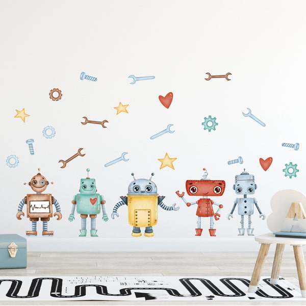 Robots autocollants muraux pour chambres d'enfants, cadeau pour garçons, robots aquarelles colorés pour chambres de filles et de garçons