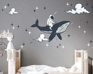 Adesivi Murali Orso Con Pianeta, Luna E Stelle – Decorazione Cameretta Bambini, Frase Ispiratrice Sogna Piccolo Grande, Removibili
