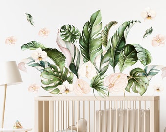 Tropical leaves wall sticker orchids jungle wall tattoo banana monstera watercolor exotic plant flowers bud petal wall tattoo decal adhesive