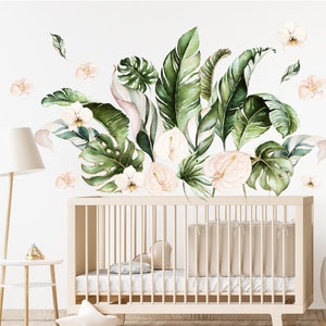 Tropical leaves wall sticker orchids jungle wall tattoo banana monstera watercolor exotic plant flowers bud petal wall tattoo decal adhesive