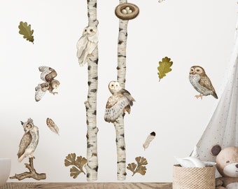 Wall sticker XL with owls in the forest for children's room, forest animals with birch trees and leaves for wall decoration, birthday gift for children