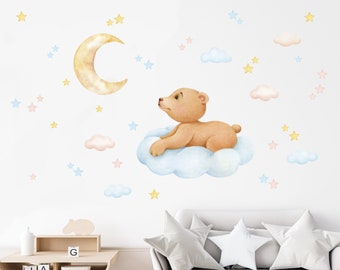 Wall sticker for children's room baby bear, rabbit, raccoon, deer on clouds, moon and stars, safari animals for children's rooms, wall decoration for children