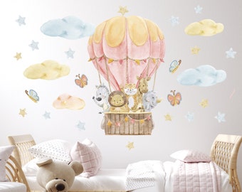 Wandtattoo Heißluftballons Kinderzimmer, Tiere mit Heißluftballon Aufkleber, Wolken, Zebra Löwe Nashorn Giraffe Tiger Wandsticker für Kinder