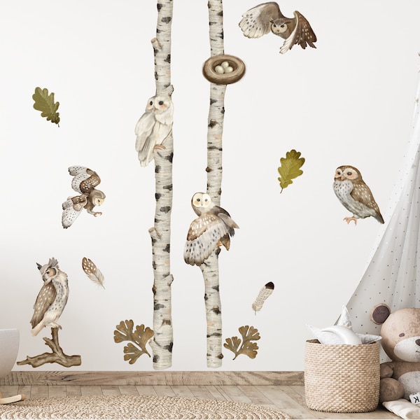 Wall sticker XL with owls in the forest for children's room, forest animals with birch trees and leaves for wall decoration, birthday gift for children