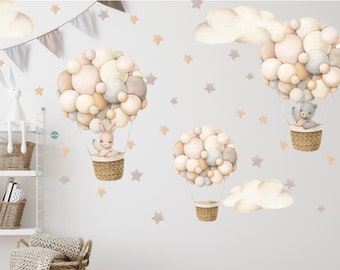 Wall stickers for children's rooms, hot air balloons watercolor beige with rabbit and bear, boho hot air balloons retro with clouds for baby
