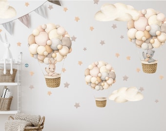 Wall stickers for children's rooms, hot air balloons watercolor beige with bunny and bear, boho hot air balloons retro with clouds for baby
