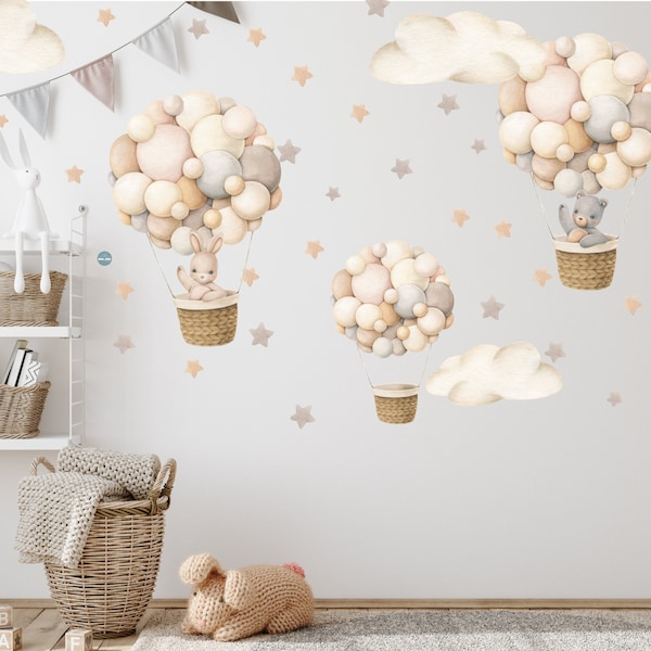 Wandsticker für Kinderzimmer, Heißluftballons Aquarell beige mit Hase und Bär, Boho Heissluftballons Retro mit Wolken für baby