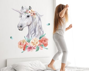 Einhorn mit Blumen Wandtattoo für Kinderzimmer, Wanddeko Wandsticker Wall decal Watercolor, baby girl room deco, wall decal nursery Pferd