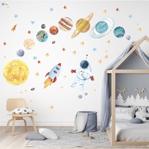 Sonnensystem Wandaufkleber, Sonne Planeten Raumschiff, beschriftet selbstklebend Rakete Astronaut Asteroid Weltall Rakete, Weltall Sticker