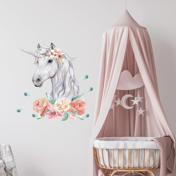 Einhorn mit Blumen Wandtattoo für Kinderzimmer, Unicorn Wandsticker Wall decal Watercolor, Wildblumen Sticker