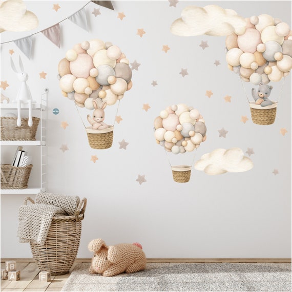 Wall Stickers for Children\'s Room, Hot Air Balloons Watercolor Beige With  Rabbit and Bear, Boho Hot Air Balloons Retro With Clouds for Baby - Etsy