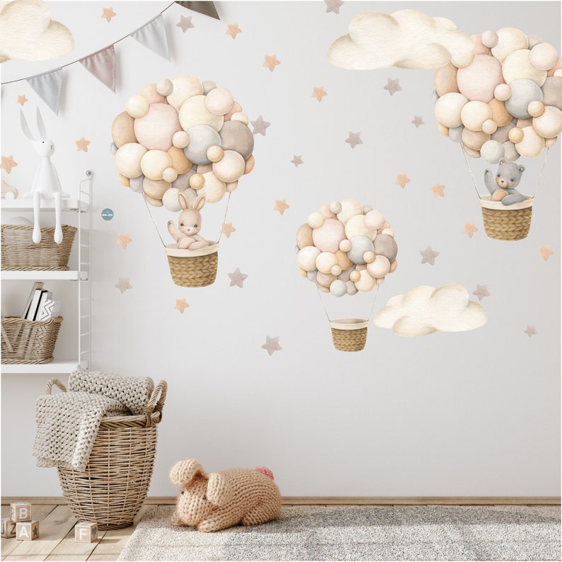 Wall stickers for children's rooms, hot air balloons watercolor beige with rabbit and bear, boho hot air balloons retro with clouds for baby Set 2