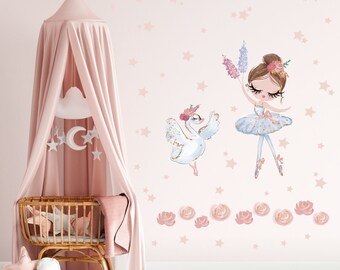 Ballerina muursticker, ballerina muurstickers kinderkamer, baby meisjes muurdeco, Zwaan & Prinses, meisjeskamer deco, sterren rozen muurstickers