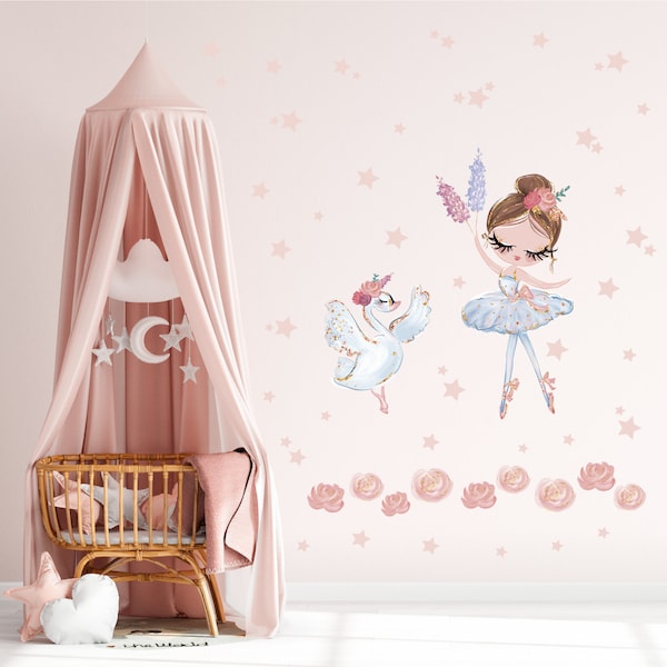 Autocollant mural ballerine, stickers muraux ballerine chambre d'enfant, déco murale bébé filles, Cygne & Princesse, déco chambre fille, autocollants muraux étoiles roses