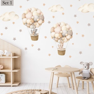 Wall stickers for children's rooms, hot air balloons watercolor beige with rabbit and bear, boho hot air balloons retro with clouds for baby Set 1