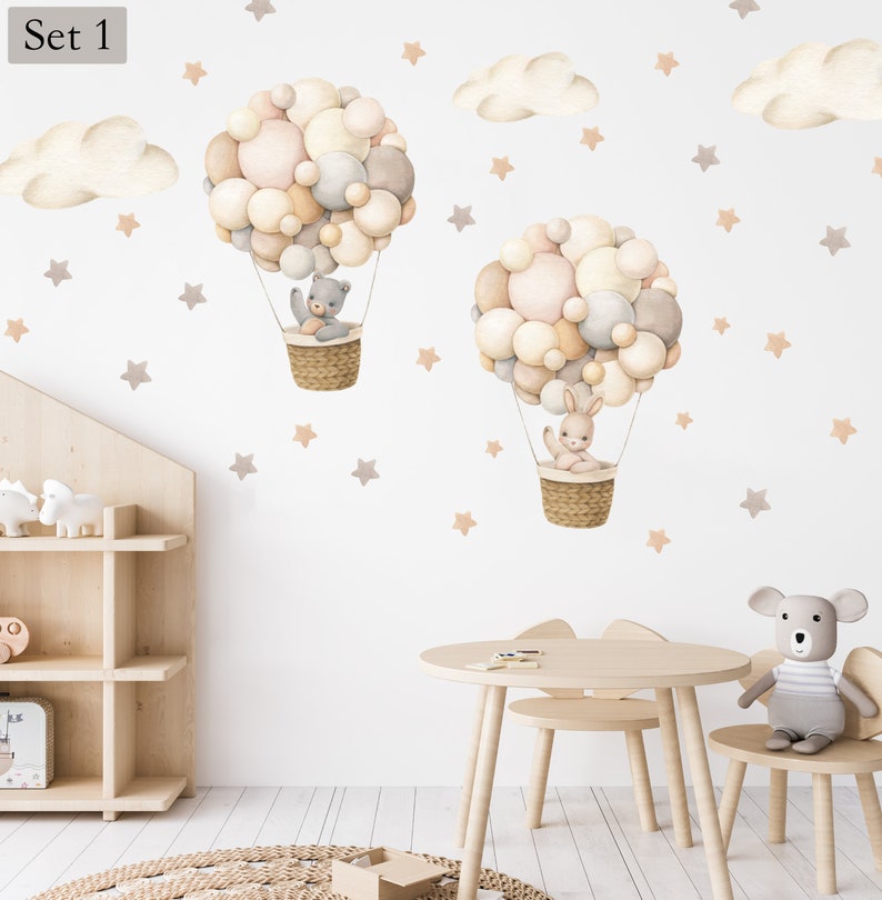 Wall stickers for children's rooms, hot air balloons watercolor beige with rabbit and bear, boho hot air balloons retro with clouds for baby Set 1