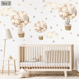 Wall stickers for children's rooms, hot air balloons watercolor beige with rabbit and bear, boho hot air balloons retro with clouds for baby image 6