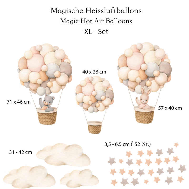 Wall stickers for children's rooms, hot air balloons watercolor beige with rabbit and bear, boho hot air balloons retro with clouds for baby Set XL