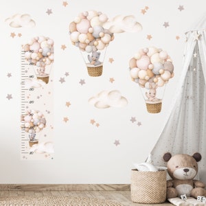Wall stickers for children's rooms, hot air balloons watercolor beige with rabbit and bear, boho hot air balloons retro with clouds for baby Set 2 + Messlatte