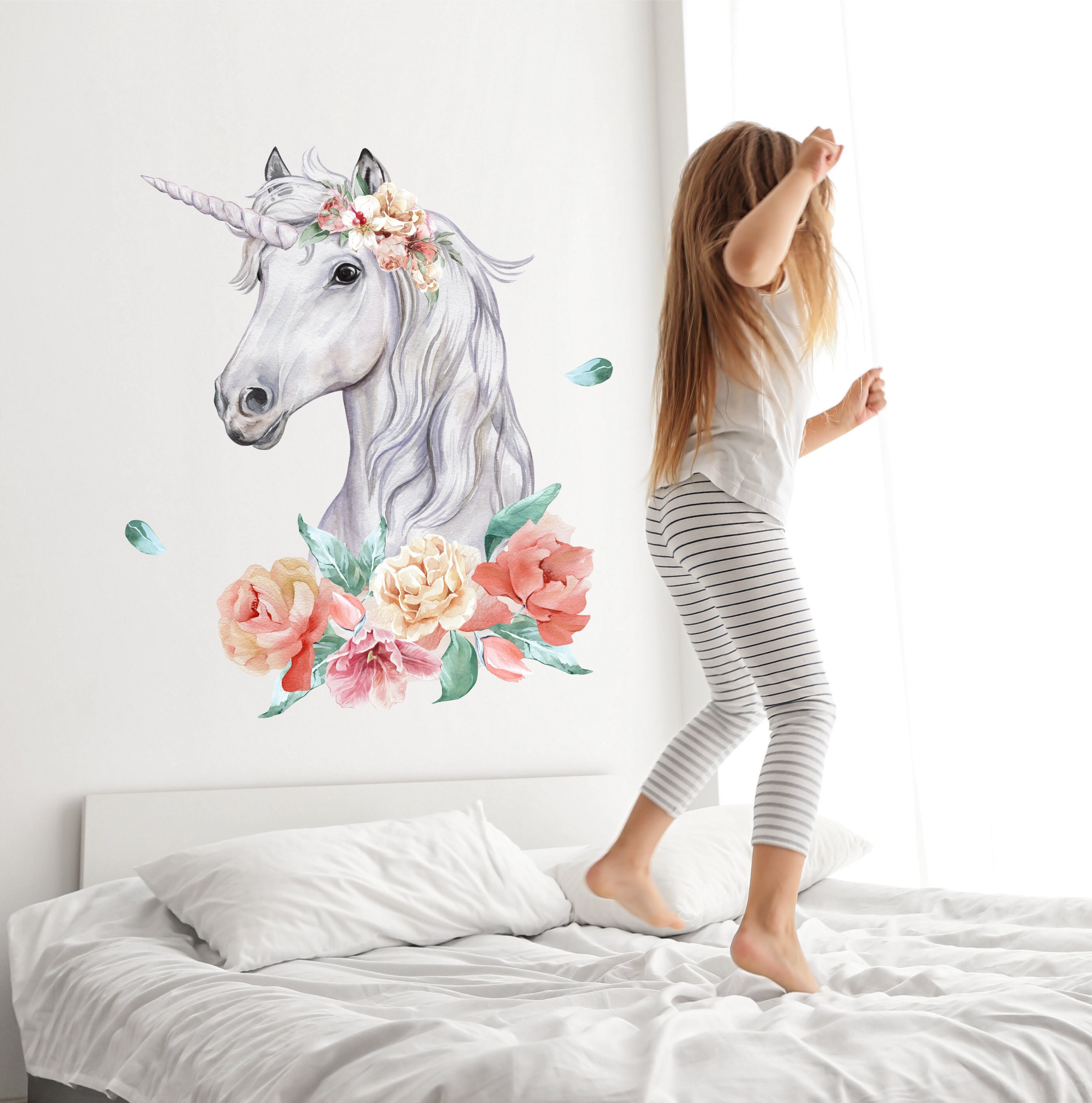 Einhorn mit Blumen Wandtattoo für Kinderzimmer, Wanddeko Wandsticker Wall  decal Watercolor, baby girl room deco, wall decal nursery Pferd