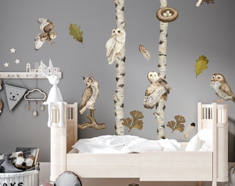 Wall sticker XL with owls in the forest for children's rooms, forest animals with birch trees and leaves for wall decoration, birthday gift for children