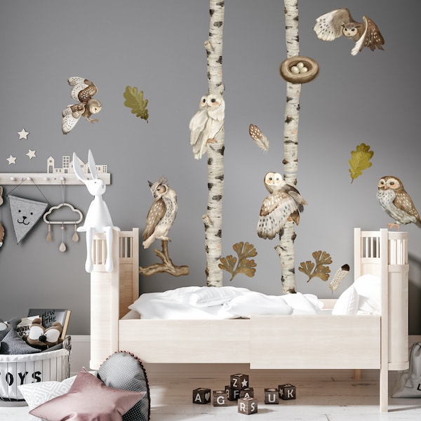 Wall sticker XL with owls in the forest for children's rooms, forest animals with birch trees and leaves for wall decoration, birthday gift for children