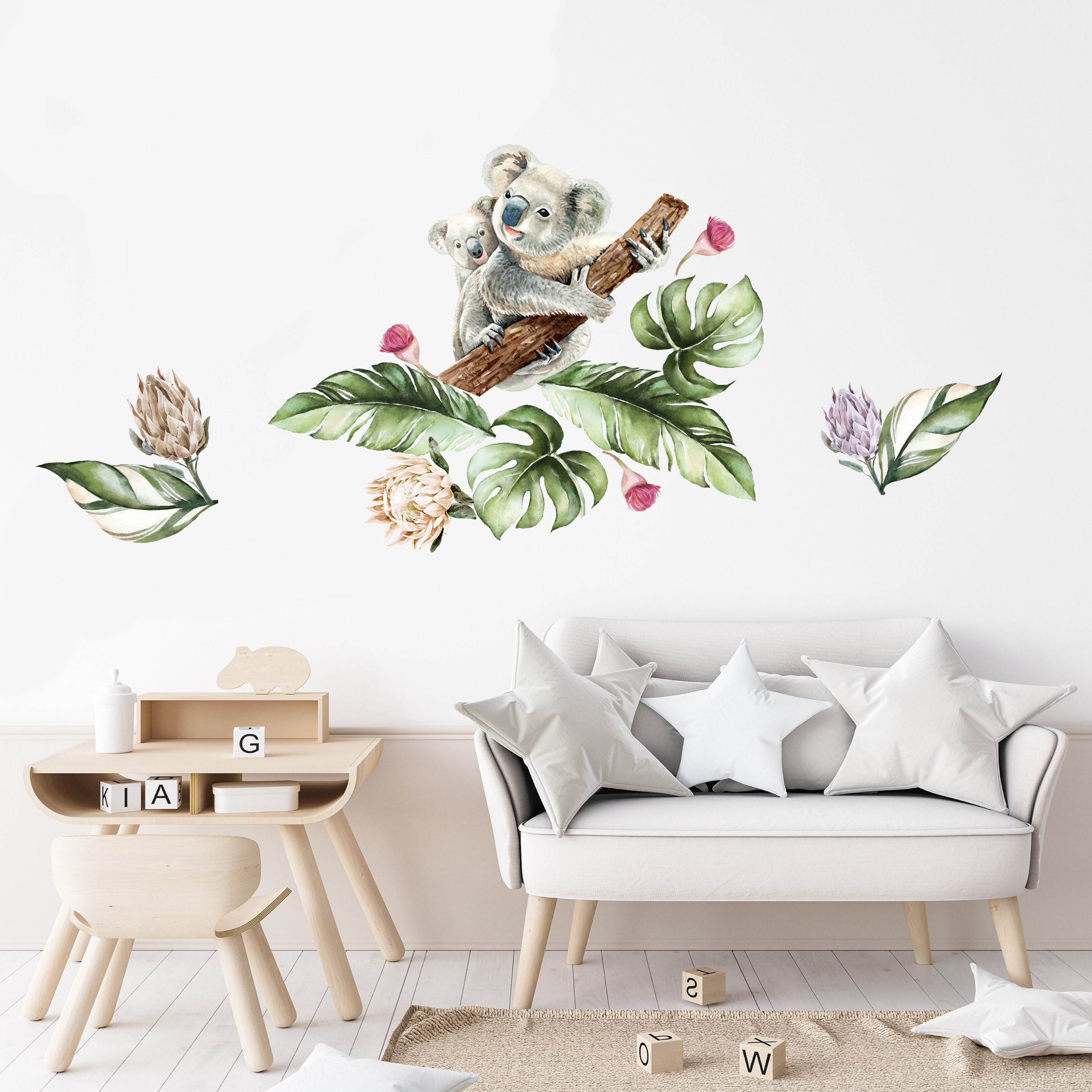 Koala bear wall sticker for children's room, wild animal stickers, mama koala with tropical leaves wall sticker, safari animals wall sticker