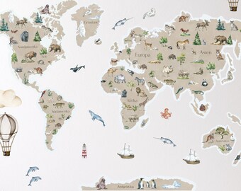 Autocollant mural carte du monde pour chambre d'enfant, carte du monde, autocollant mural animaux de safari en Afrique, carte du monde aquarelle beige, montgolfières en beige