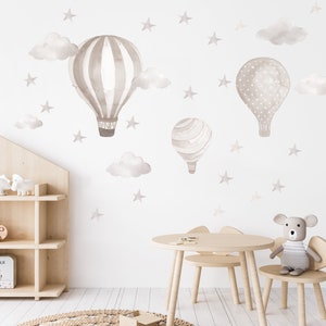 Adesivo da parete mongolfiere beige per la cameretta dei bambini, palloncino boho neutro, decorazione adesiva da parete con nuvole e stelle per bambini