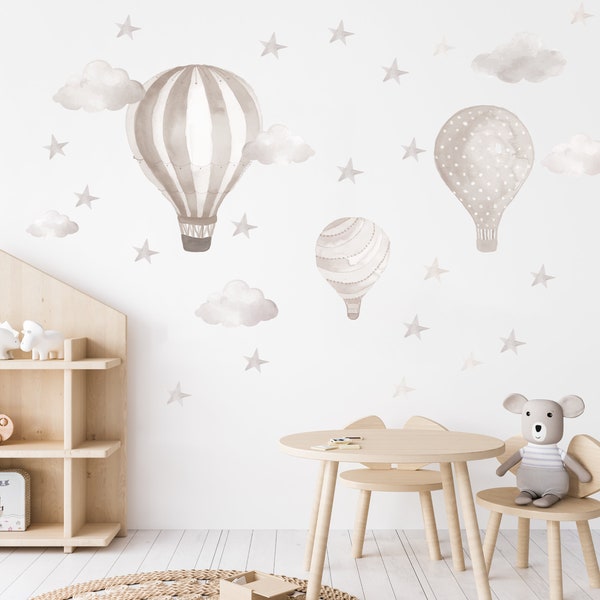 Wandtattoo Heißluftballons Beige für Baby Zimmer, Luftballon Boho Neutral, Wandsticker Deko mit Wolken und Sterne für Kinder