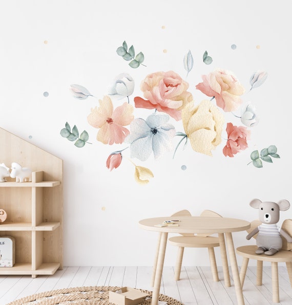 Set XL di adesivi murali fiori di campo per la cameretta dei bambini, adesivi  murali fiori ad acquerello, rami e peonie per ragazze -  Italia