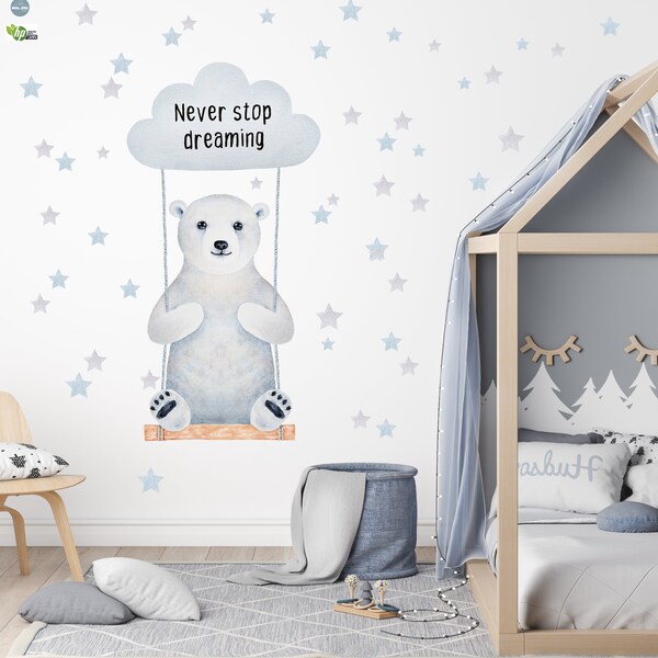 Eisbär Wandaufkleber kinderzimmer, Wolke und Sterne Wandtattoo, Tiere Animals Wall decals nursery wall room, Polar Papa Bear Wall decals