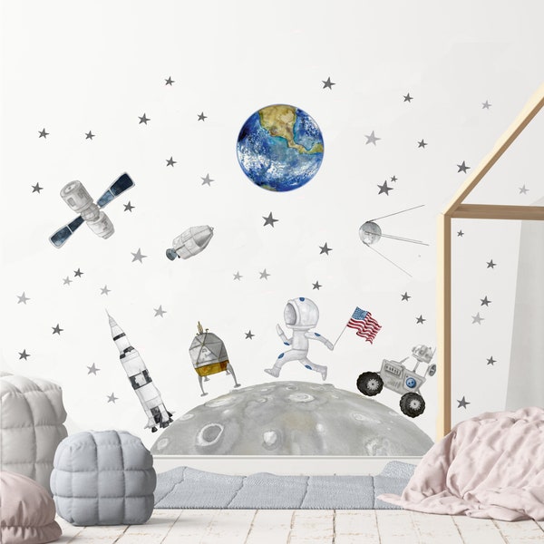 Wandtattoo Weltraum Rakete Astronaut Mondreise Kinderzimmer Erde Sterne Raumschiff Wandsticker selbstklebend Weltall Mission Mondlandung