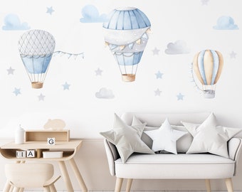 Montgolfières rétro pour chambres d'enfants, stickers muraux montgolfières bleues avec nuages et étoiles, stickers Montgolfière, stickers muraux pour chambres de garçons