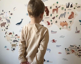 Large World map decal continent label animals wallsticker ocean learn material globe play ocean wall art atlas wildlife watercolor earth