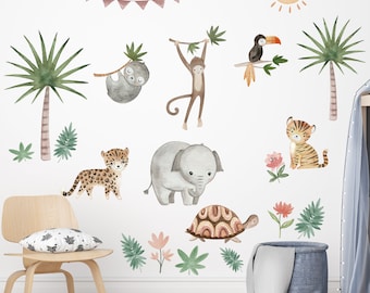 Safari animals wall sticker for children's room, jungle wild animals wall sticker for baby, wall sticker with palm trees, elephant, monkey, tiger, koala