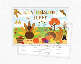 Thanksgiving Turkey Laminated Personalized Placemat for Kids for Fall or Autumn Holiday