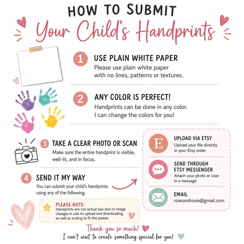 The image is a colorful and informative guide on how to submit a child's handprints, providing step-by-step instructions on how to submit the handprints using a plain white paper, any color, and how to send them through various methods.