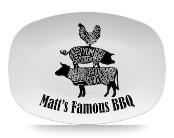 Butcher Cuts Personalized Grilling Platter, Father's Day Gift, Cow • Pig • Chicken BBQ Gift, BBQ Plate, Barbecue Gift, Polymer Plastic