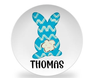 Blue Bunny Personalized Plate for Easter Kids Dinnerware for Spring Comes Customized with Name