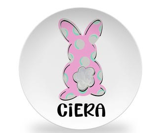 Pink Bunny Personalized Plate for Easter Kids Dinnerware for Spring Comes Customized with Name