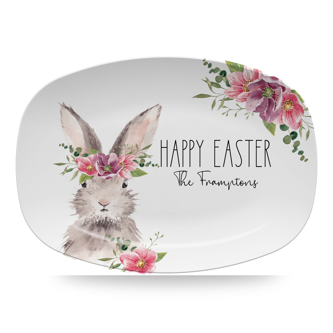 Personalized Easter Bunny Platter for Spring, Floral Rabbit Plate