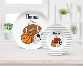 Mealtime Sports Ball Personalized Plate Set, Polymer Plastic Kids Dinnerware, Tableware Gift for Children