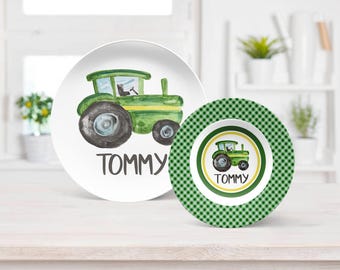 Personalized Farm Tractor Plate for Mealtime, Polymer Kids Dinnerware (Plate, Bowl, or Set)