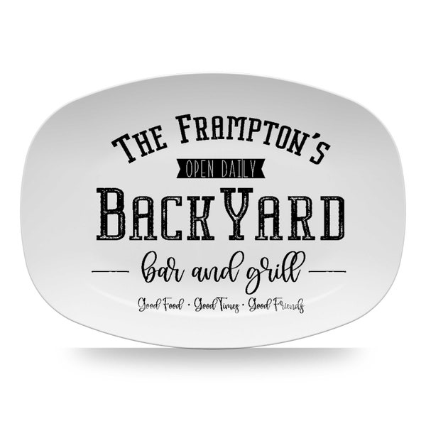 Backyard Bar and Grill Personalized  Platter, Summer BBQ, Barbecue Tray, Polymer Plastic