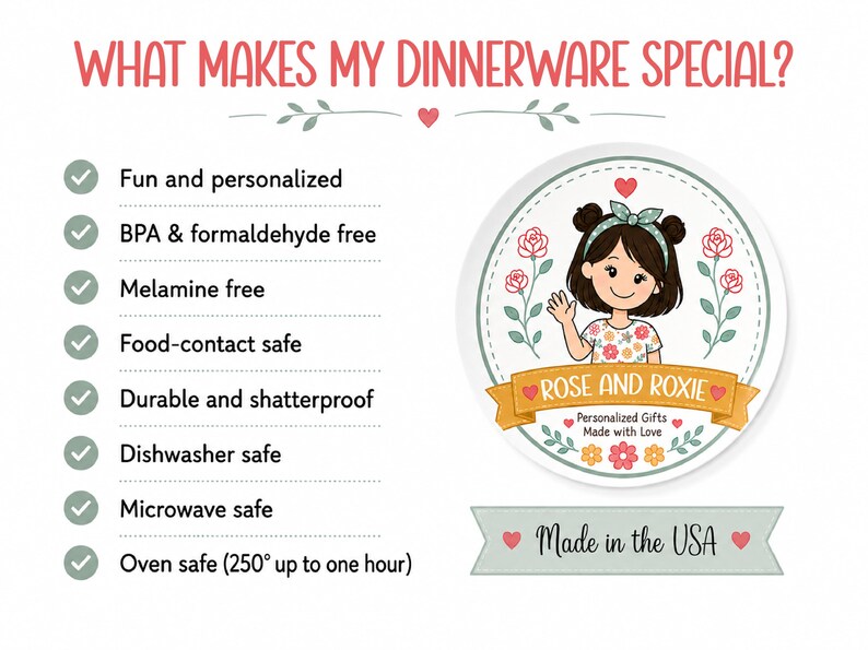 The image is a promotional graphic for Rose and Roxy, a line of dinnerware products. The graphic features a cartoon image of a young girl with a flower design, and it includes text highlighting the features of the dinnerware, such as being fun and personalized, BPA and formalDEhyde free, Melamine free, food-contact safe, durable and shatterproof, dishwasher safe, microwave safe, and oven safe (up to one hour).