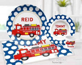 Fire Truck Personalized Plate,  10&quot; Polymer Kids Plate, Option for Plate, Bowl, or Set, Polymer Plastic, Melamine Free